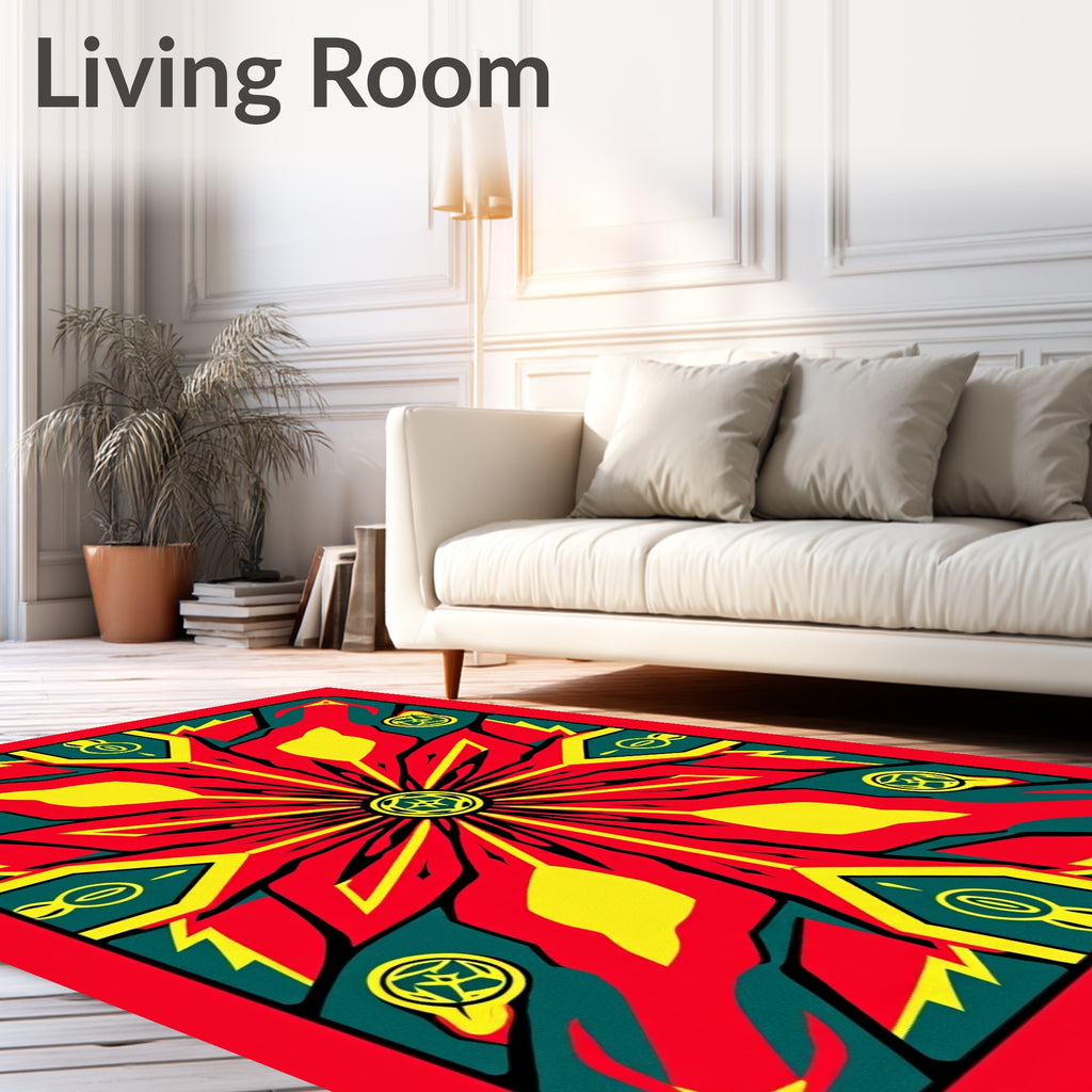 Fiery Red Yellow Green Geometric Star Rug