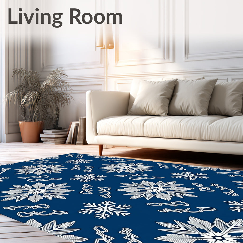 Winter Snowflake Collection White On Blue Rug