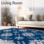 Winter Snowflake Collection White On Blue Rug