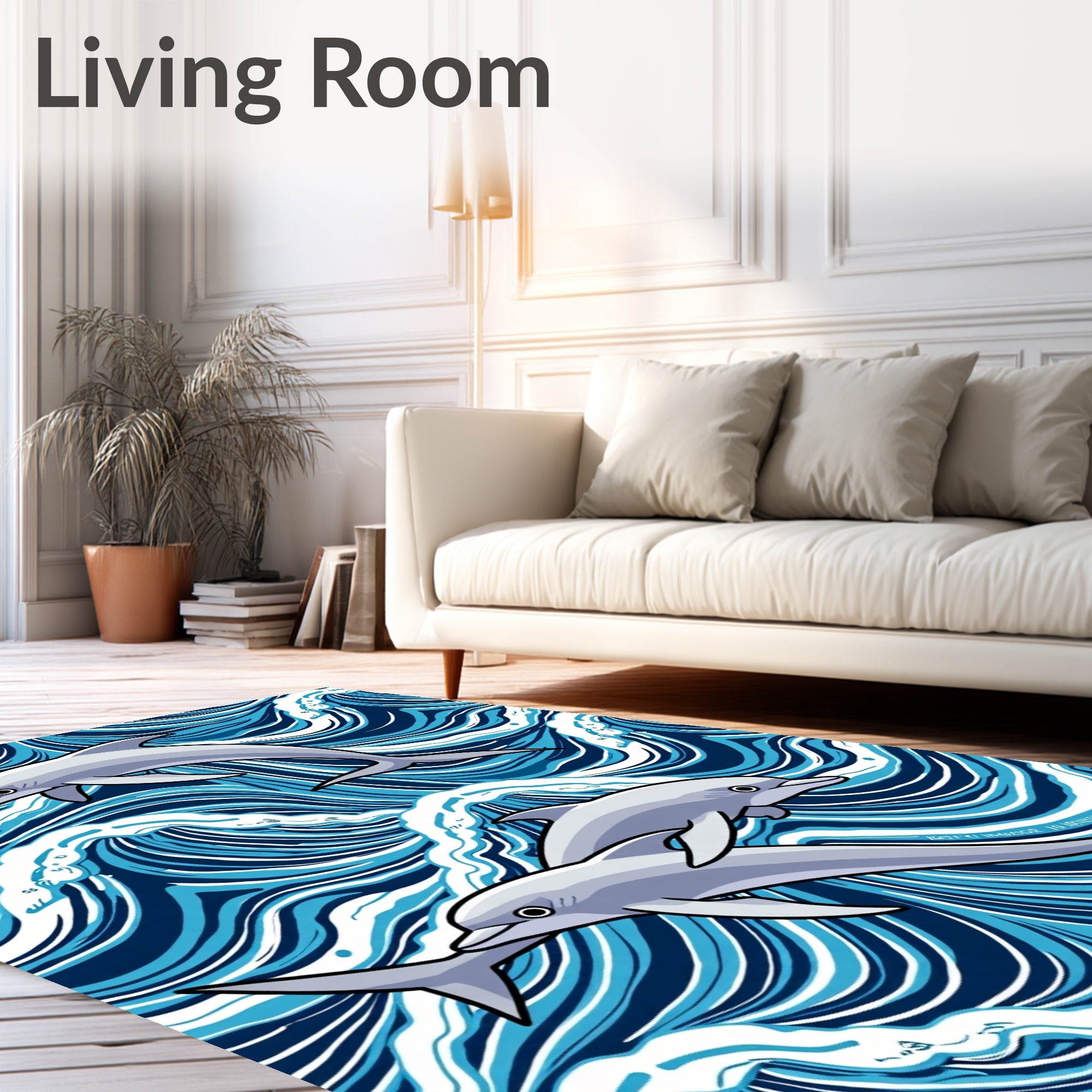 Blue Wave Dolphins Playful Ocean Swirls Rug
