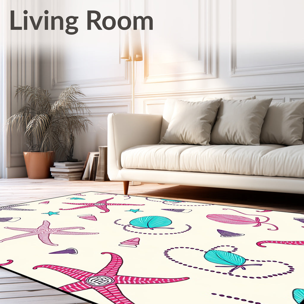 Crimson Pink Starfish Aqua Sea Shells Rug