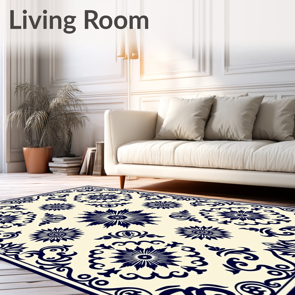 Dark Blue Sunburst Floral Medallion Rug