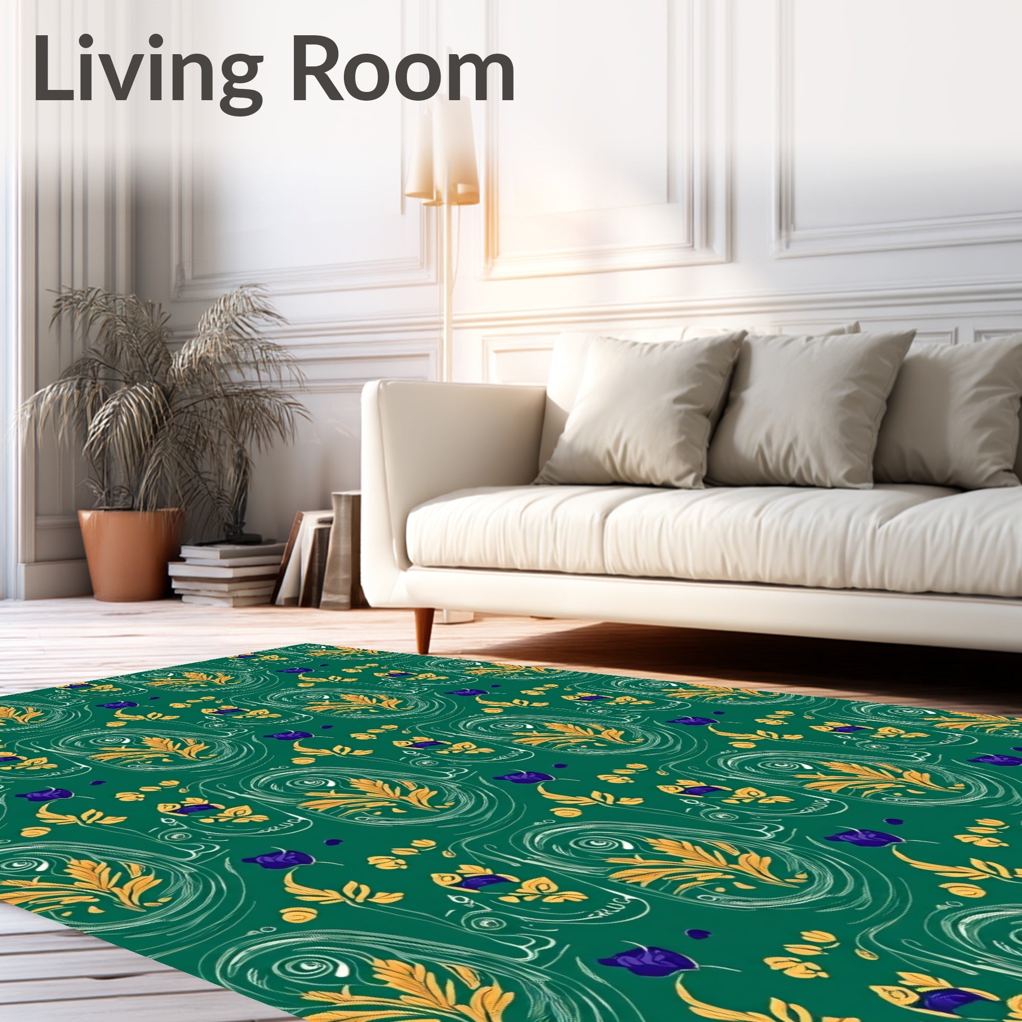 Emerald Green Golden Floral Paisley Rug