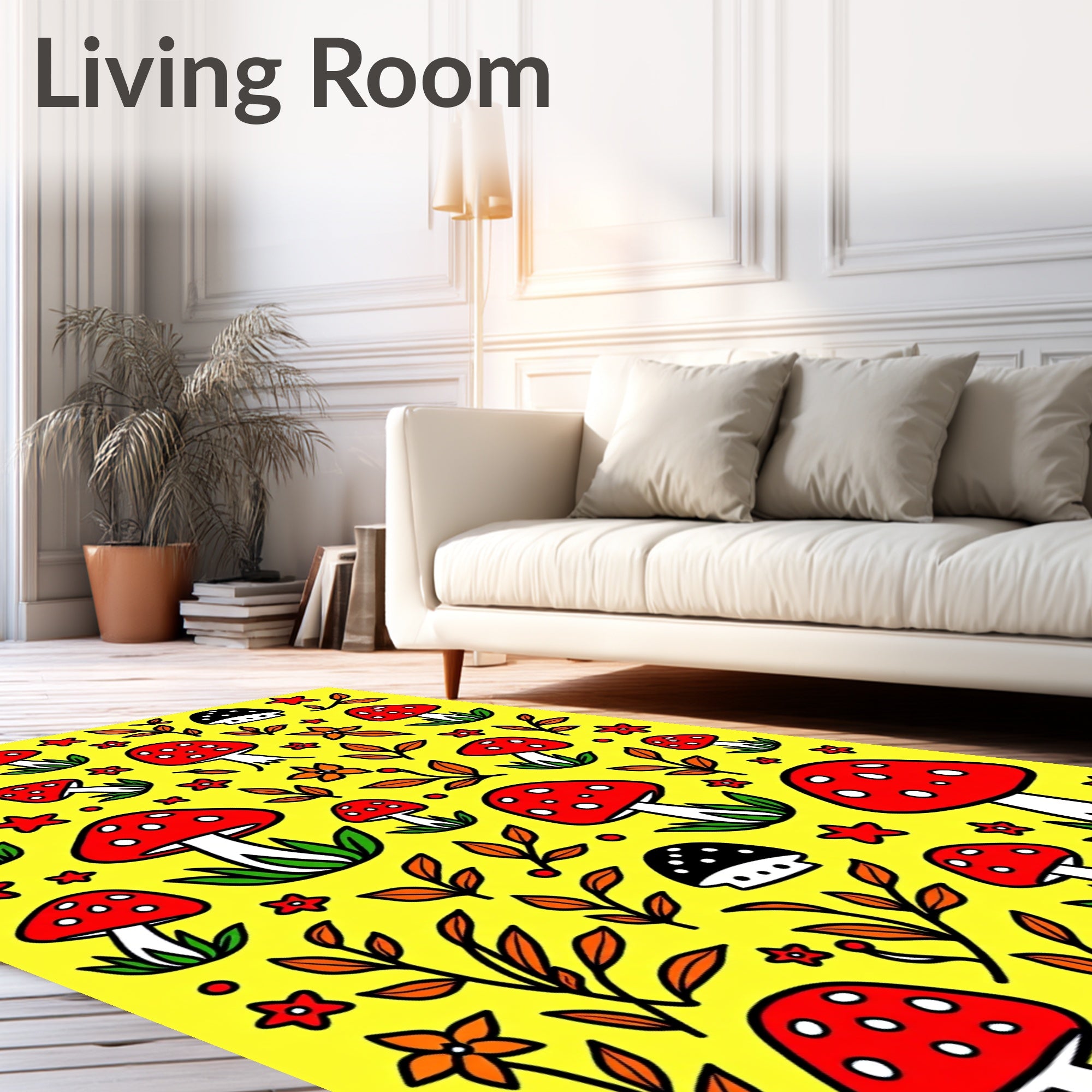 Red White Mushroom Floral Yellow Background Rug