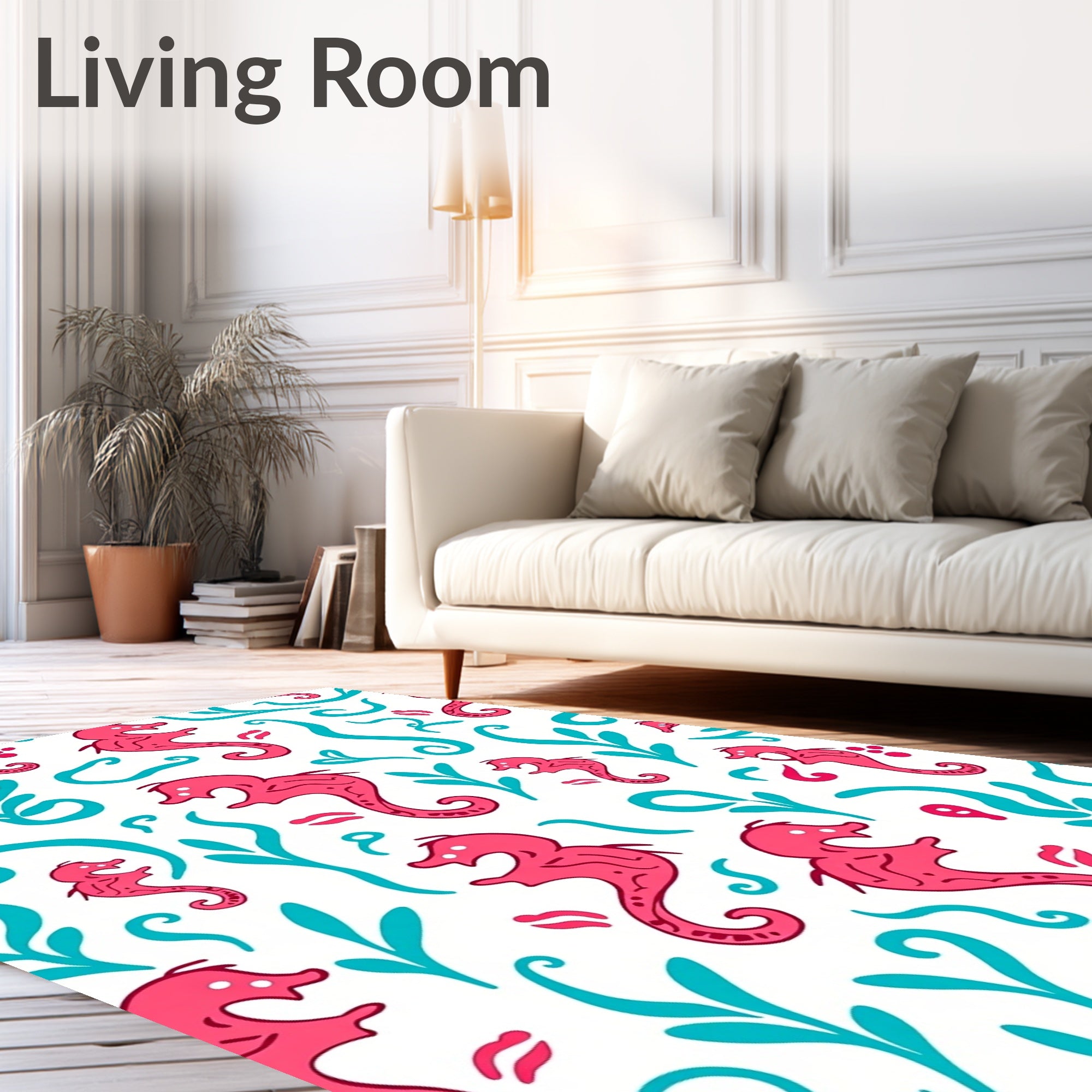 Coral Seahorse Aqua Swirls Rug