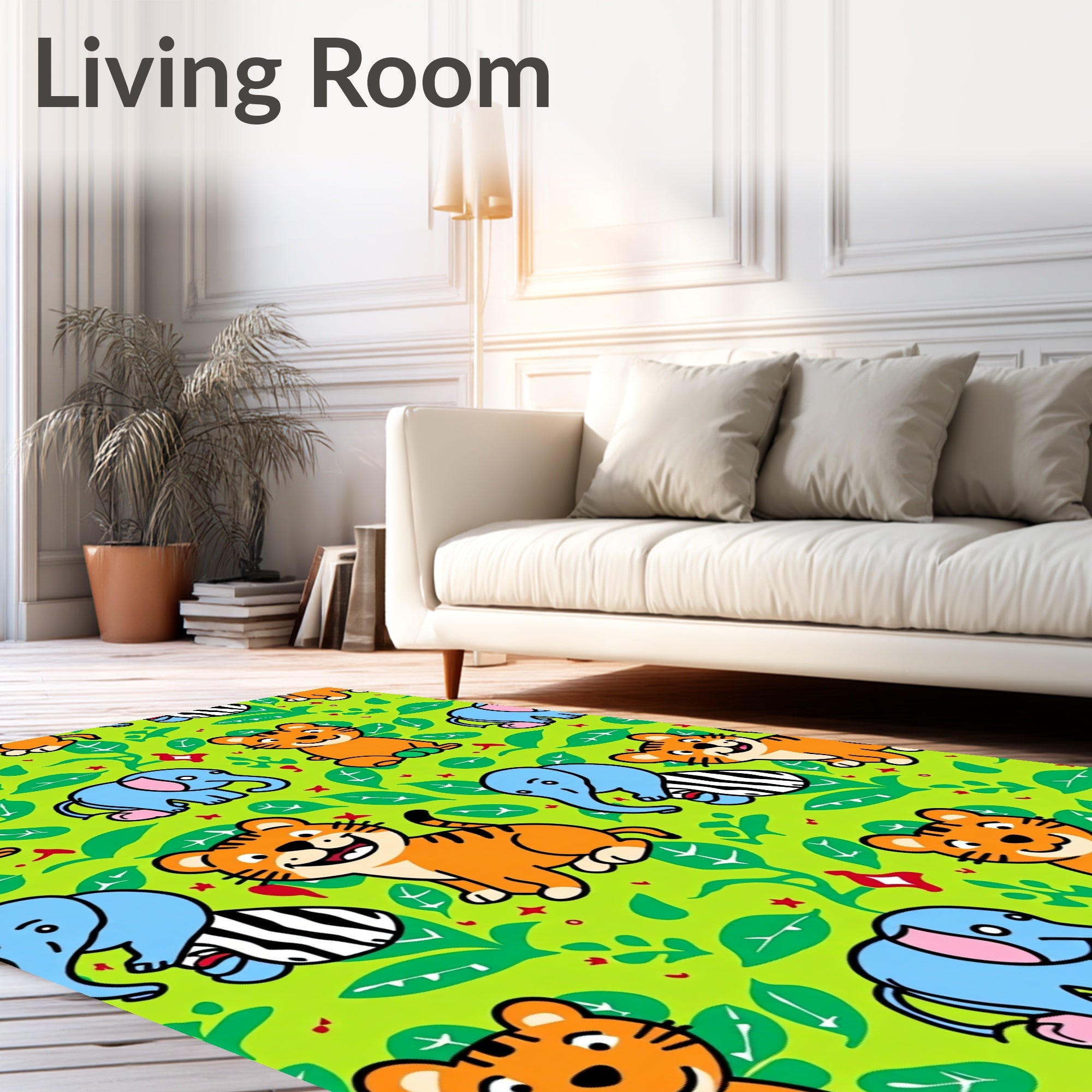 Jungle Animals Tigers Elephants Green Background Rug