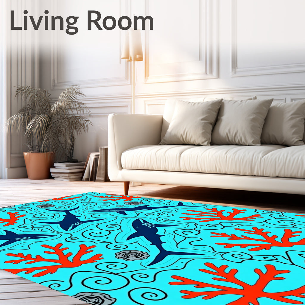 Blue Coral Shark Aquatic Illustration Rug