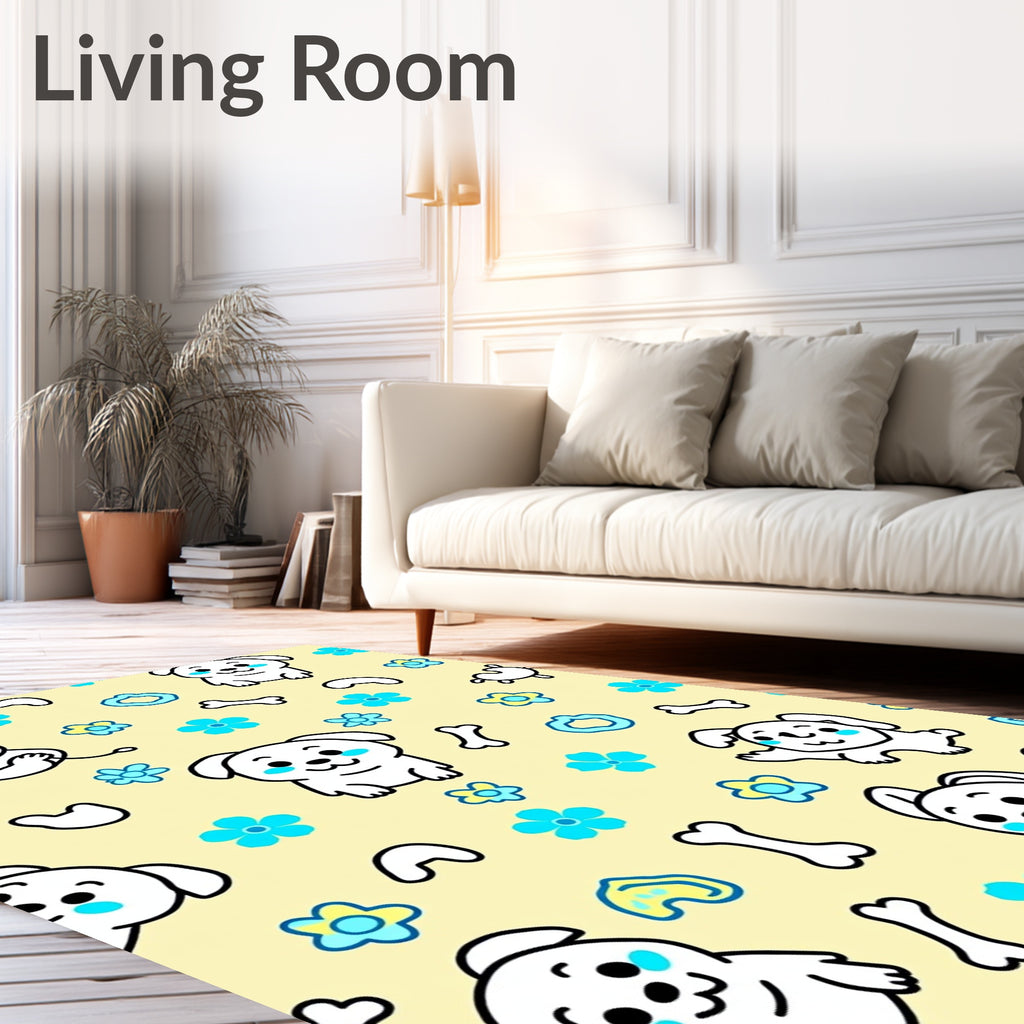 Playful White Puppies Blue Flowers Yellow Cream Rug