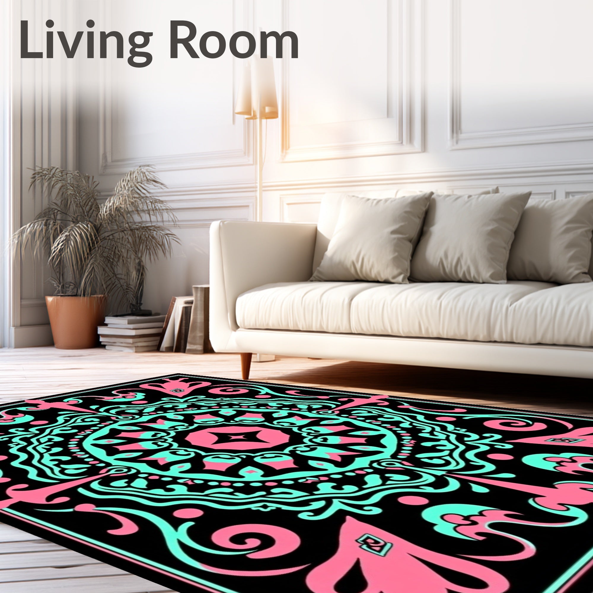 Black Pink Aqua Mandala Medallion Rug