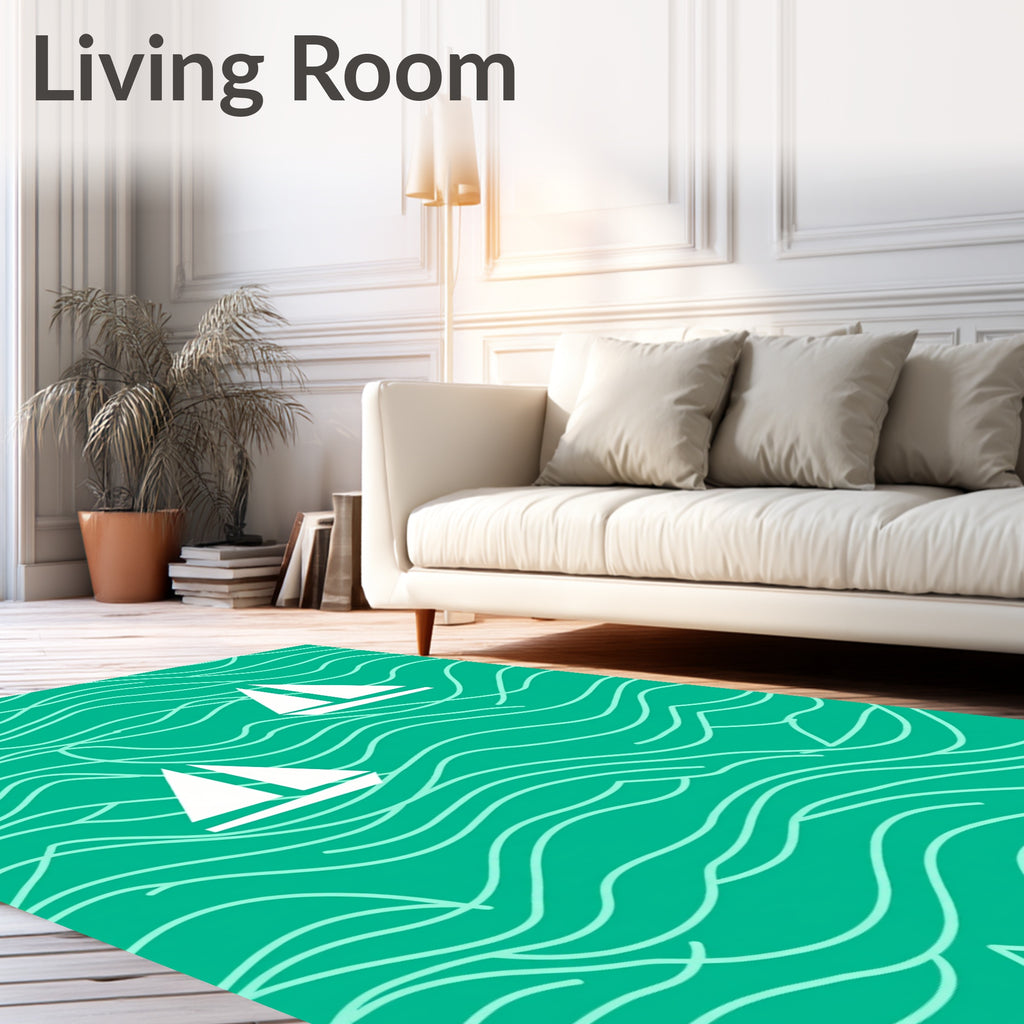 Teal Ocean Sailboat Waves Rug