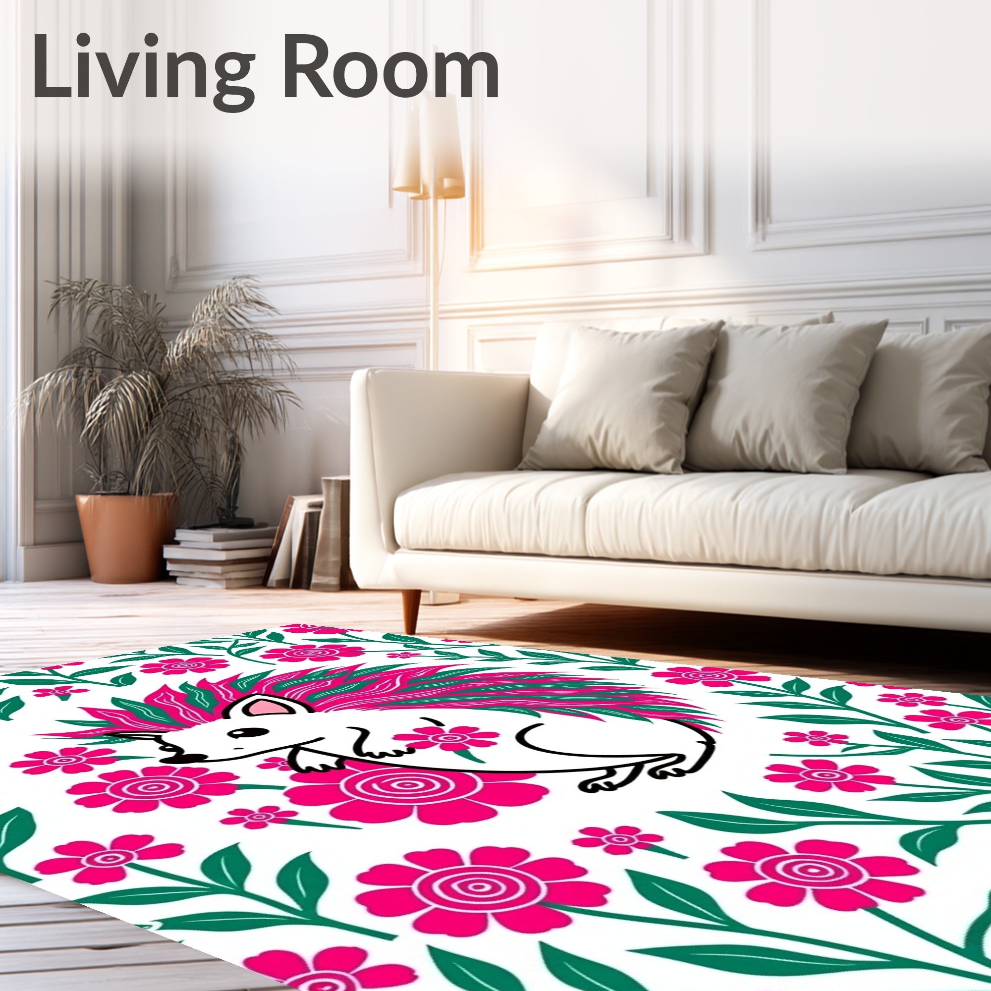 Pink Floral Hedgehog With Grassy Mane Rug