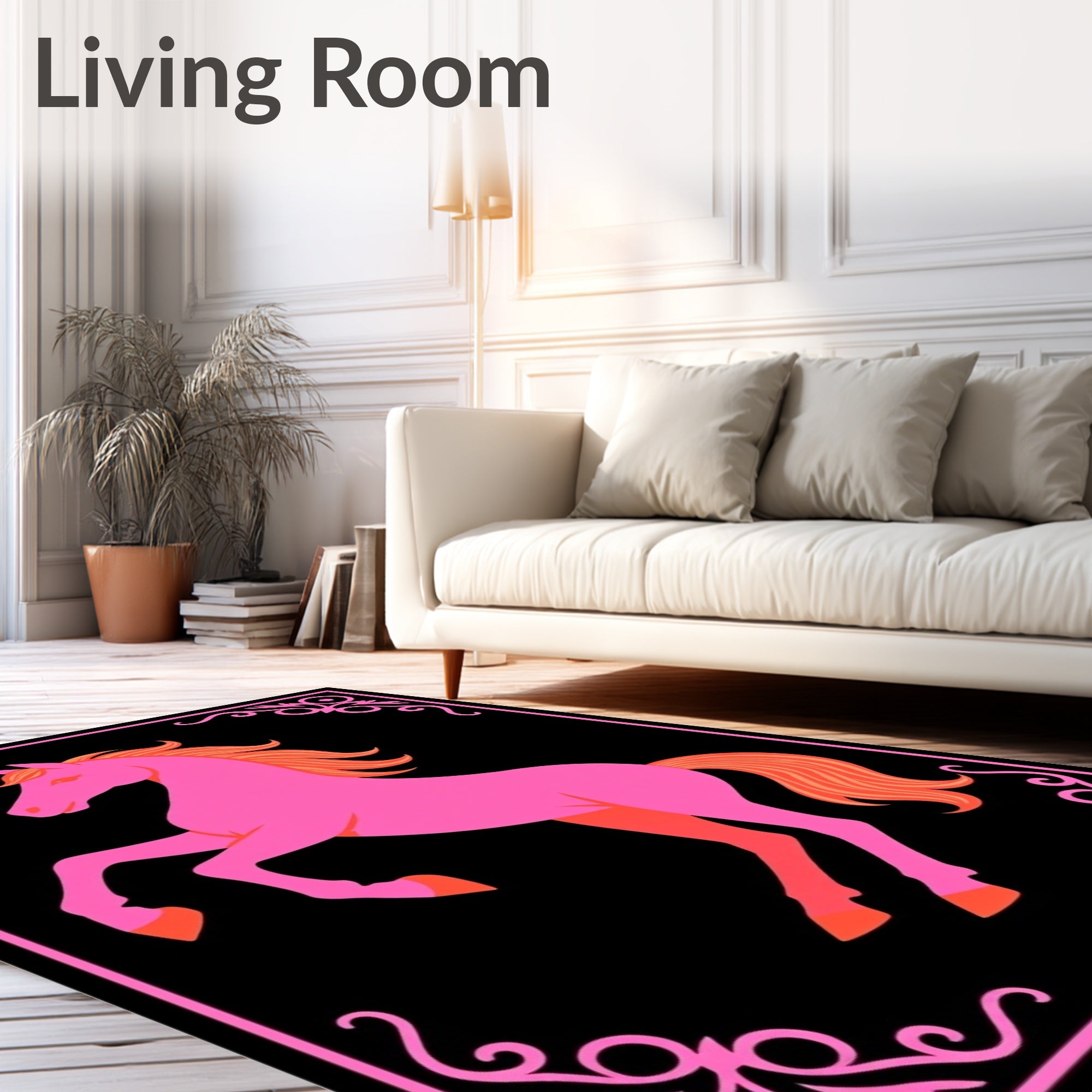 Pink Rearing Horse Black Border Rug