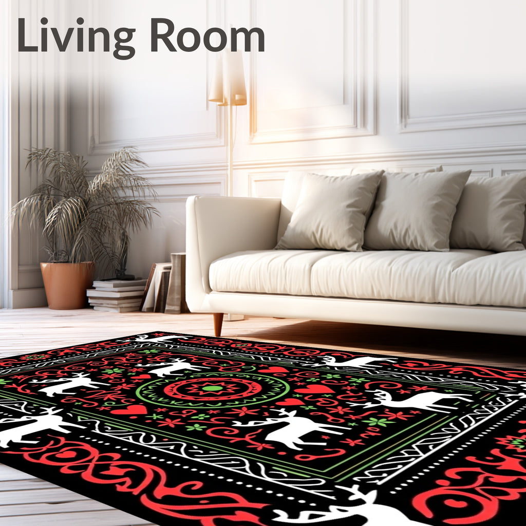 Festive Red Green Deer Floral Accents Rug