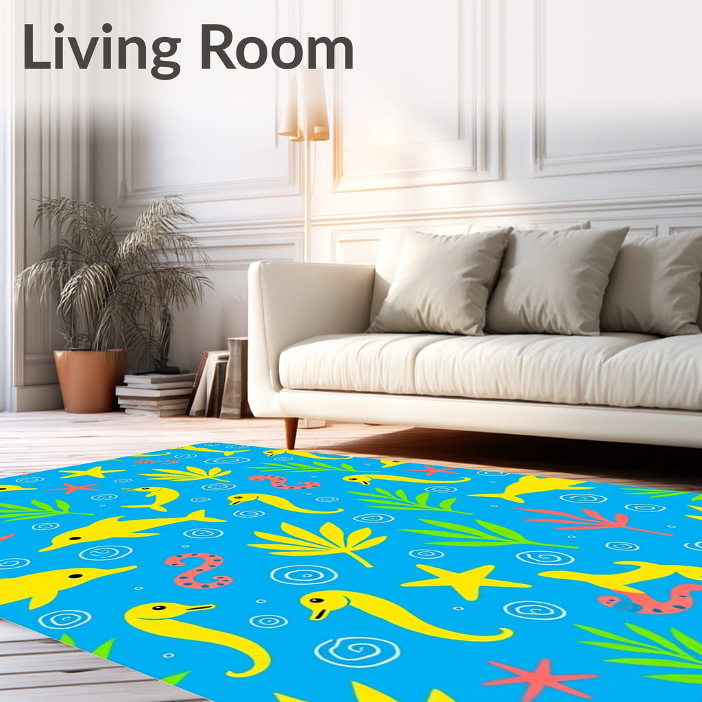 Playful Yellow Sea Creatures Blue Rug