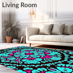 Vibrant Cyan Magenta Floral Medallion Rug