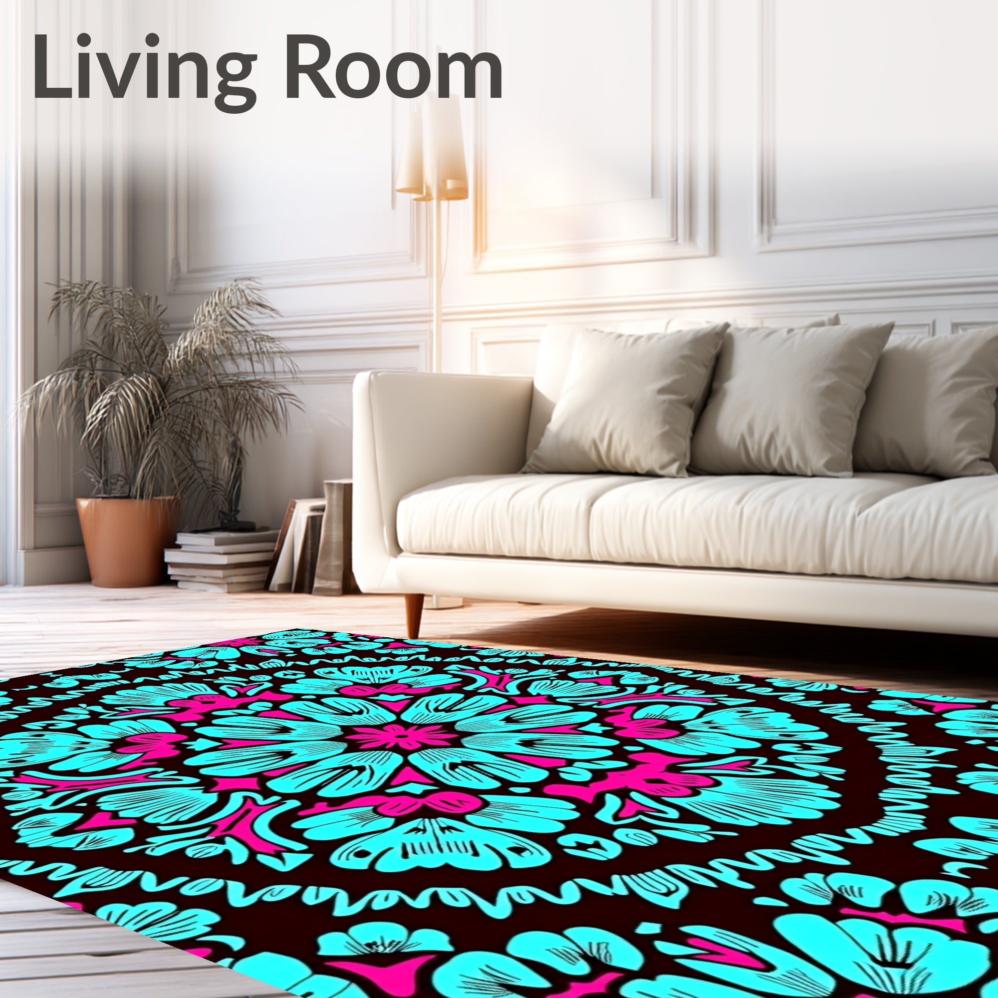 Vibrant Cyan Magenta Floral Medallion Rug