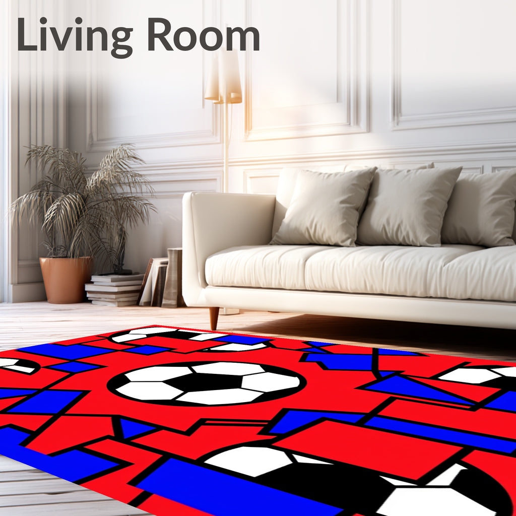 Red Blue Soccer Ball Geometric Collage Rug