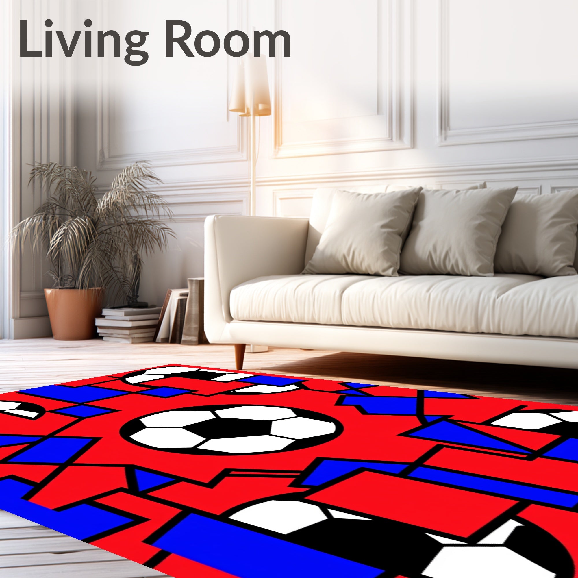 Red Blue Soccer Ball Geometric Collage Rug