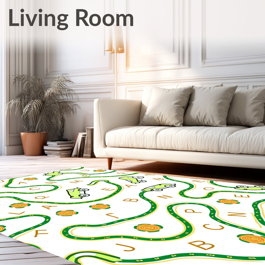 Whimsical Green Cars Letter Track Rug