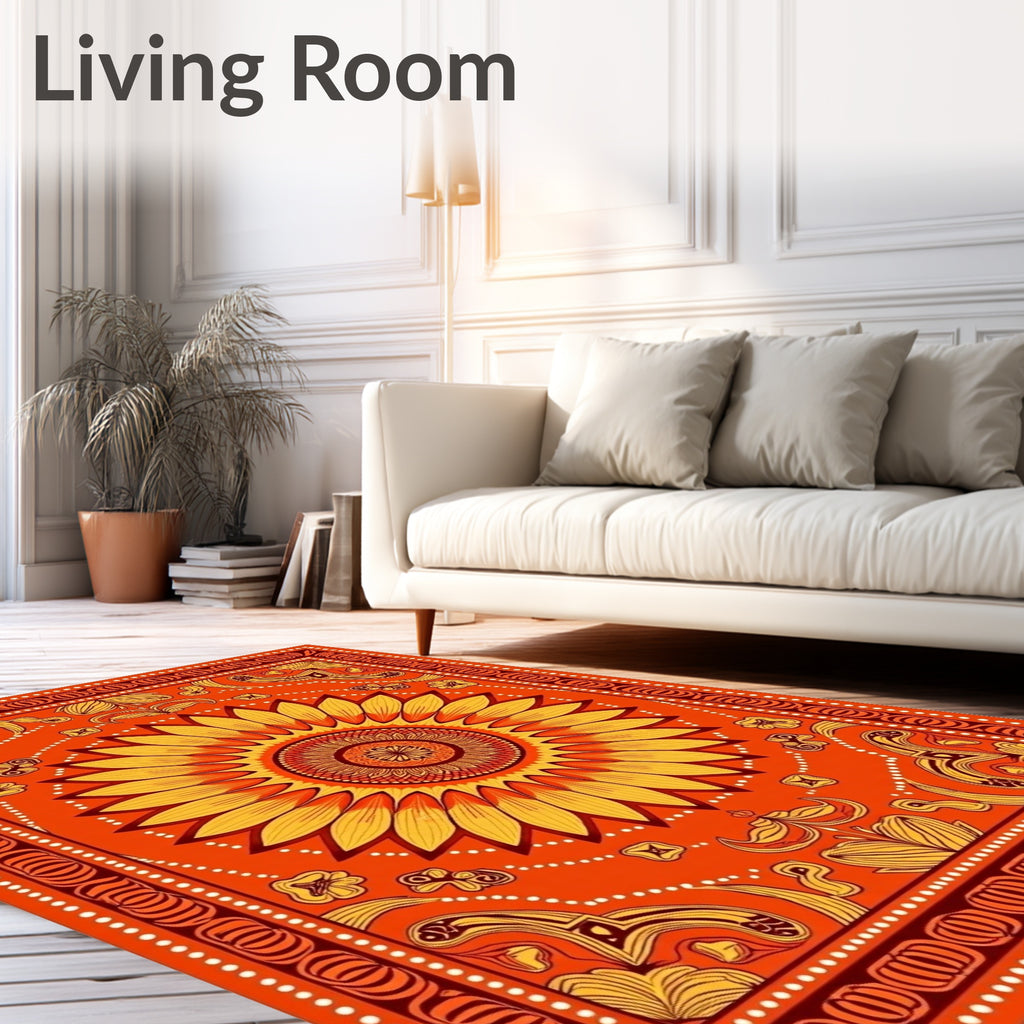 Warm Orange Sunflower Medallion Border Rug