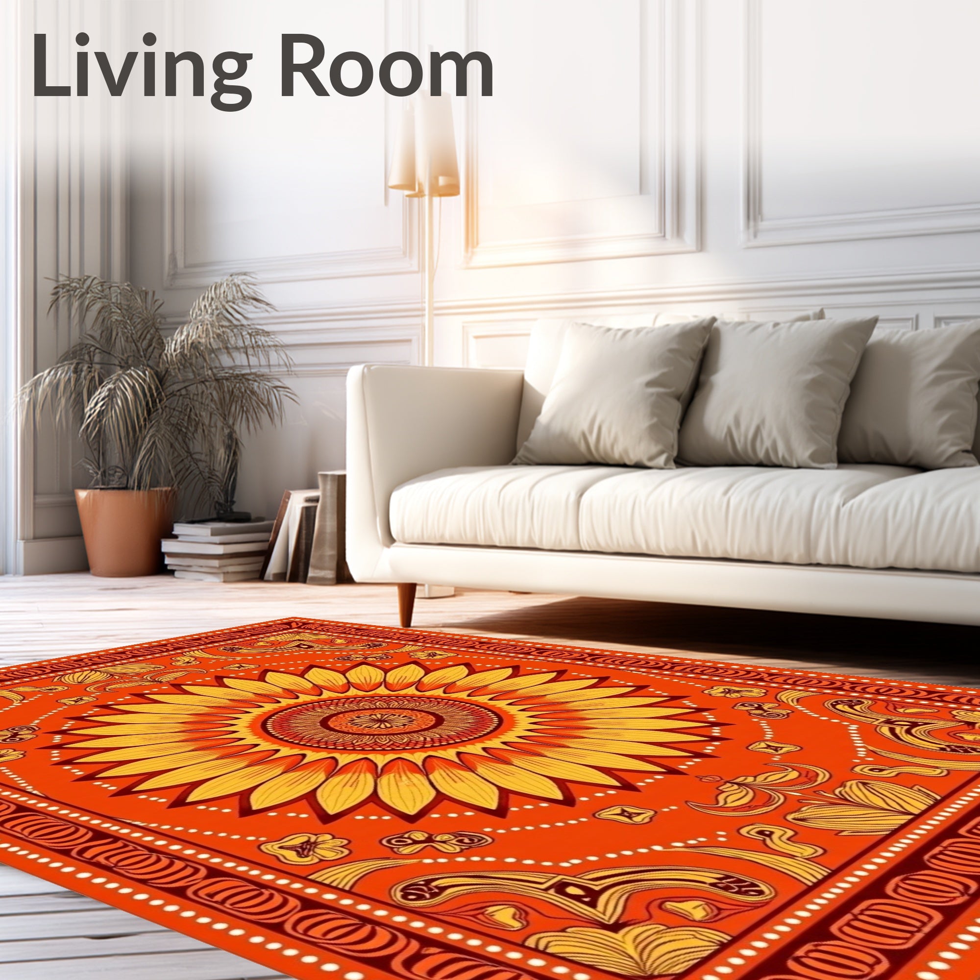 Warm Orange Sunflower Medallion Border Rug