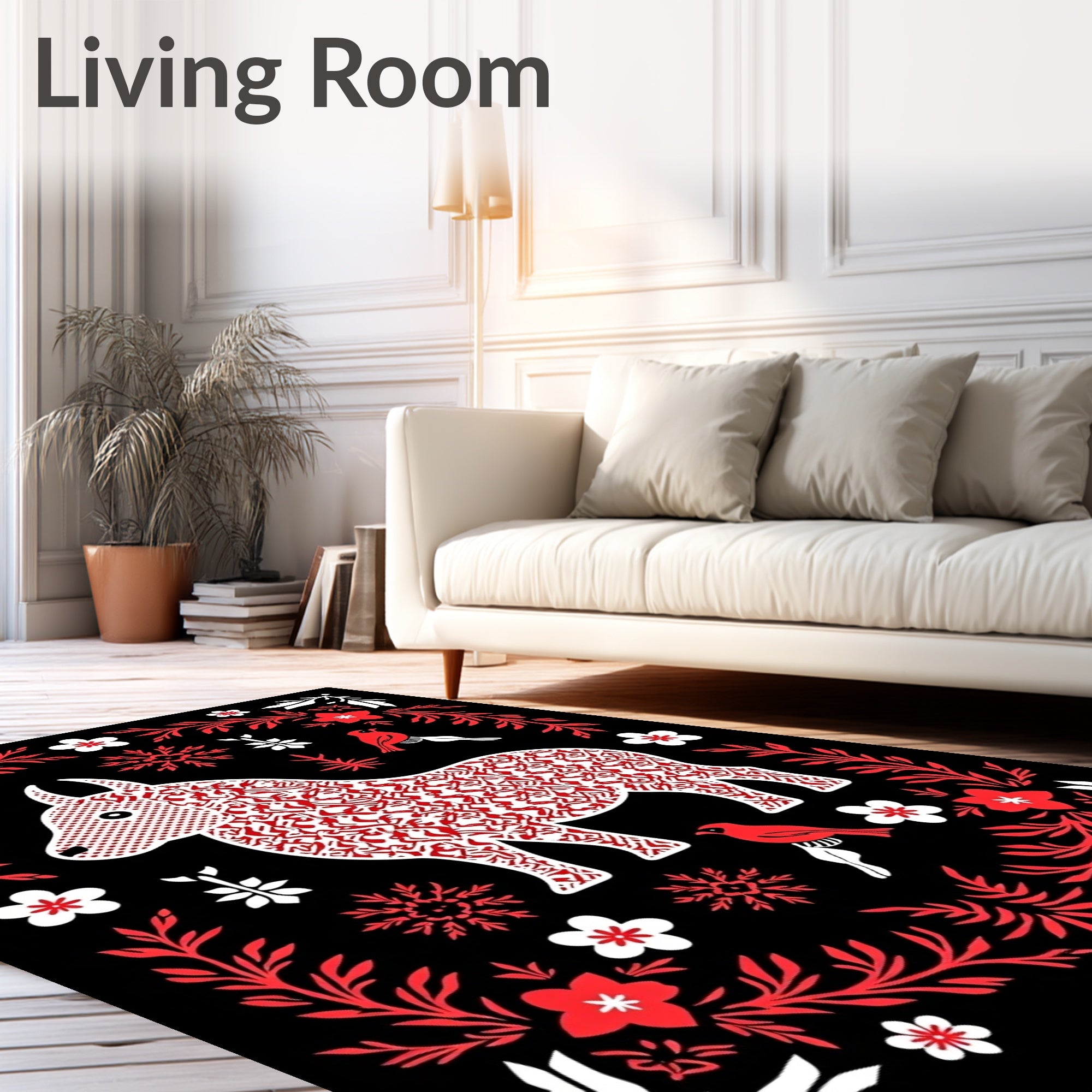 Red White Donkey Floral Border Art Rug
