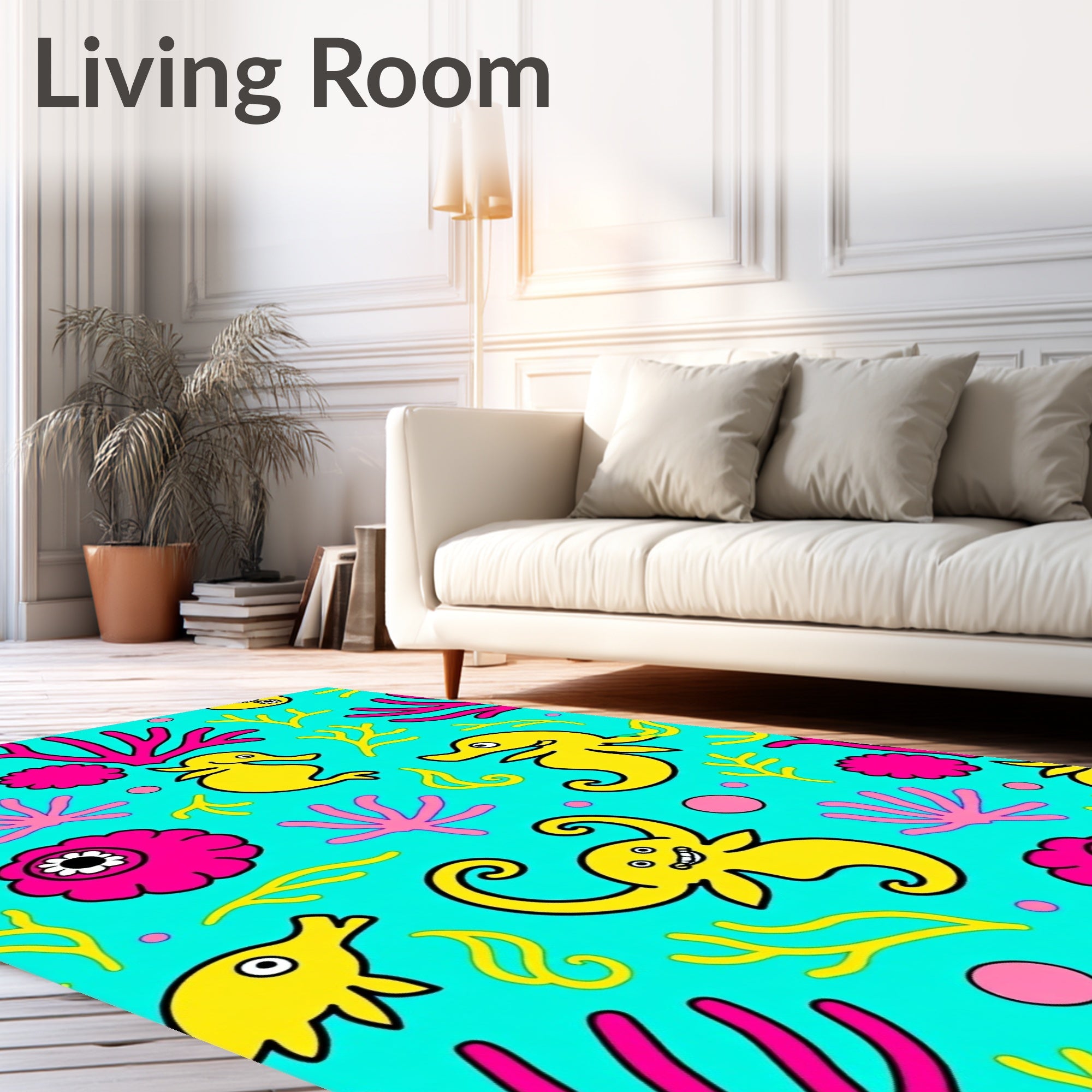 Whimsical Yellow Seahorses Coral Reef Rug