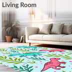 Cute Pink Teal Dinosaur Foliage Roundels Rug