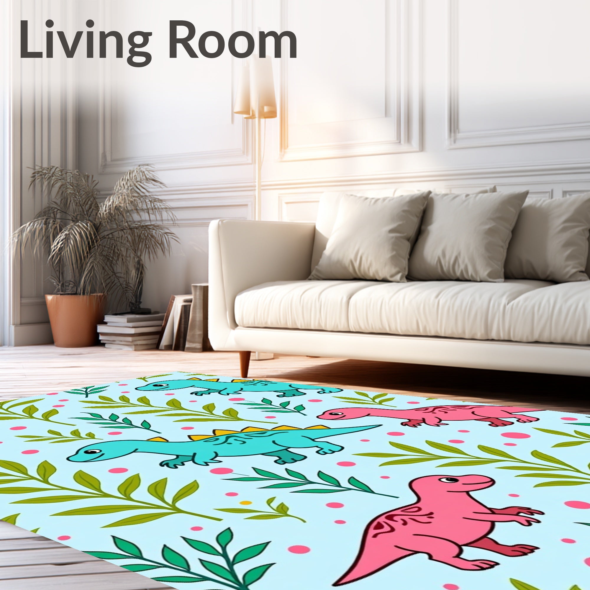 Cute Pink Teal Dinosaur Foliage Roundels Rug