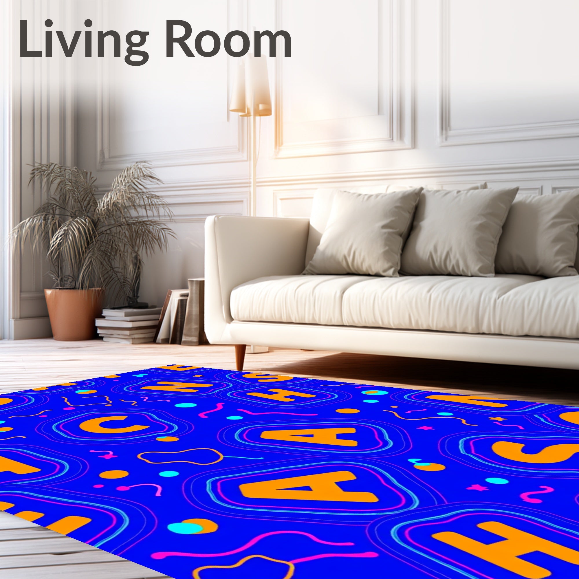 Bright Orange Alphabet Circles on Blue Rug
