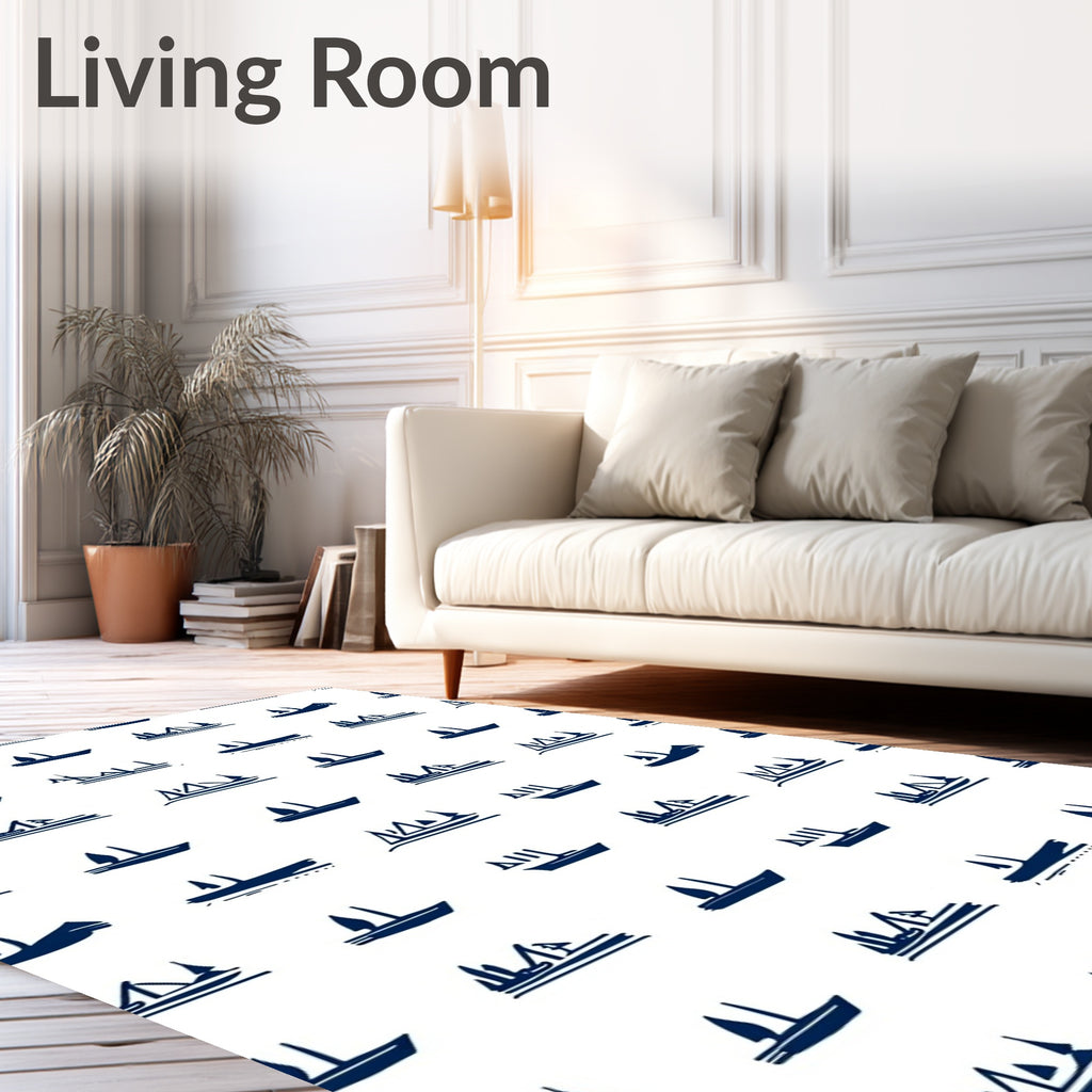 Navy Blue Sailing Ship Collage Rug