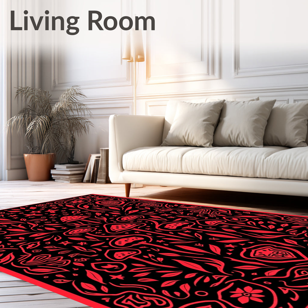 Crimson Red Mushroom Garden Tapestry Rug