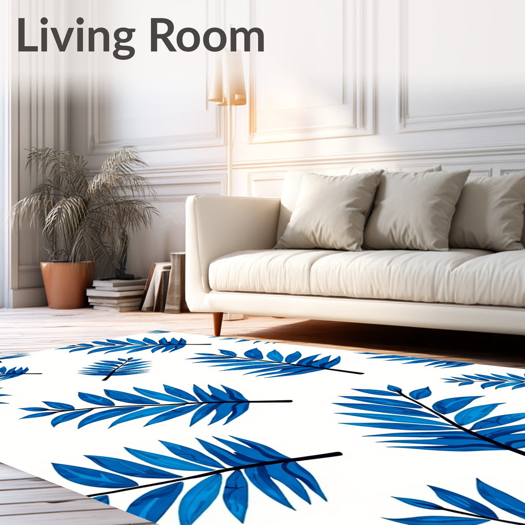 Deep Blue Tropical Foliage Print Rug