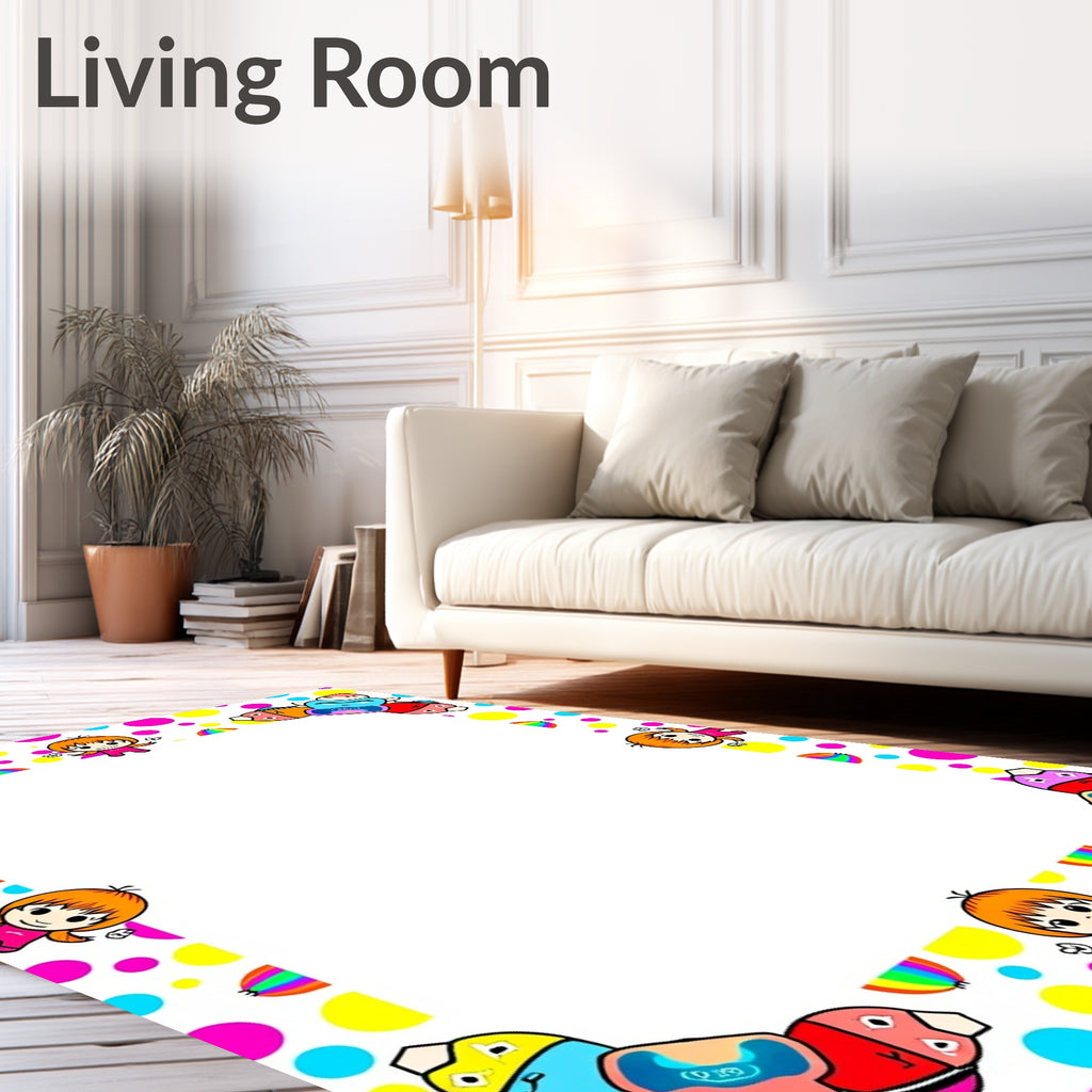 Playful Cartoon Characters Polka Dot Border Rug
