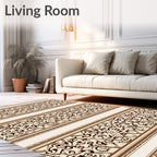 Cream and Brown Ornate Calligraphy Strips Rug