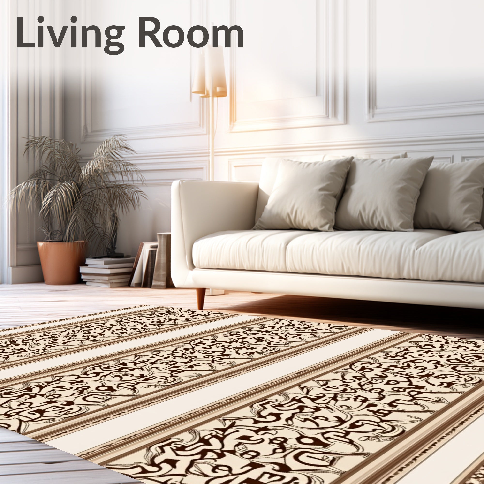 Cream and Brown Ornate Calligraphy Strips Rug