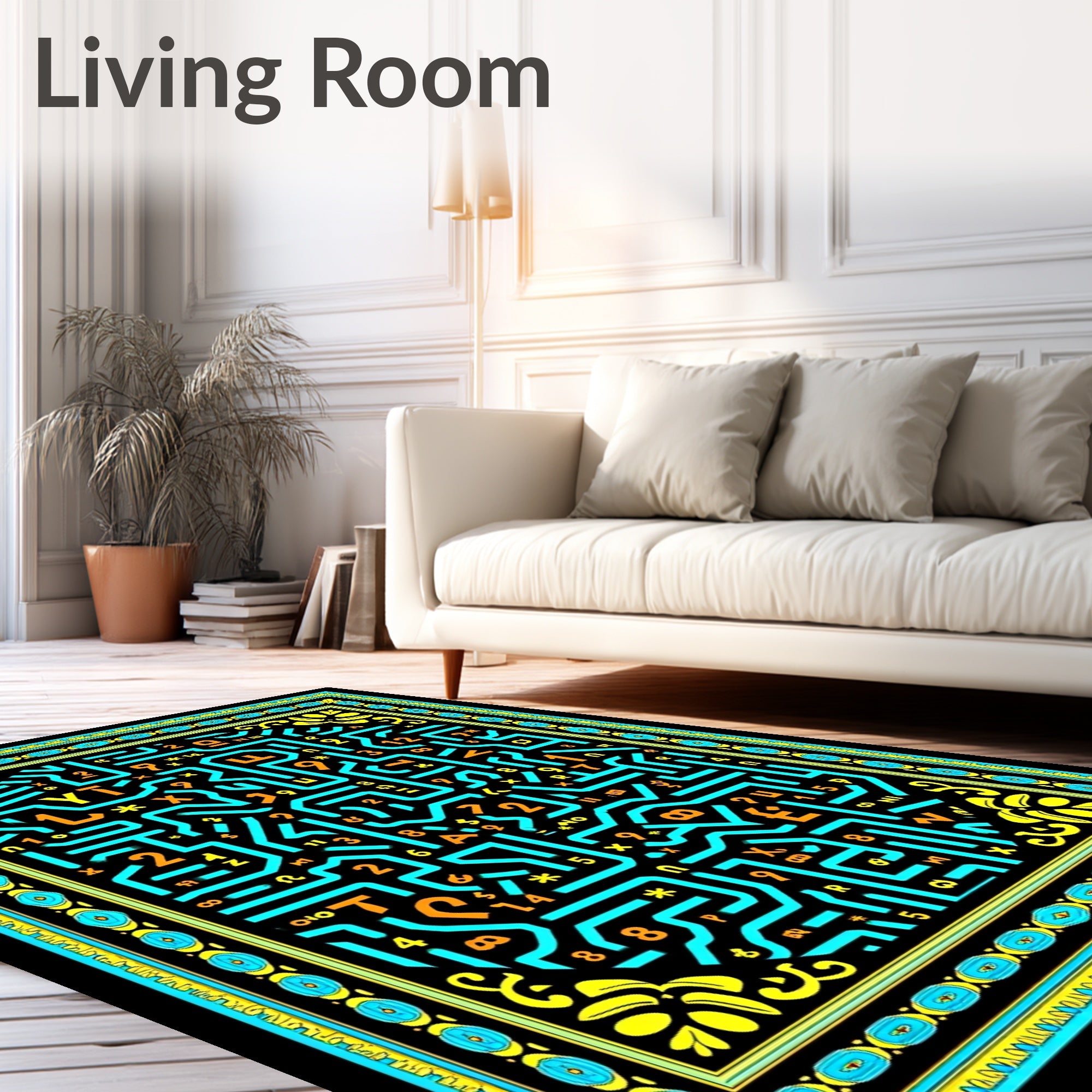 Abstract Neon Maze With Figures Rug
