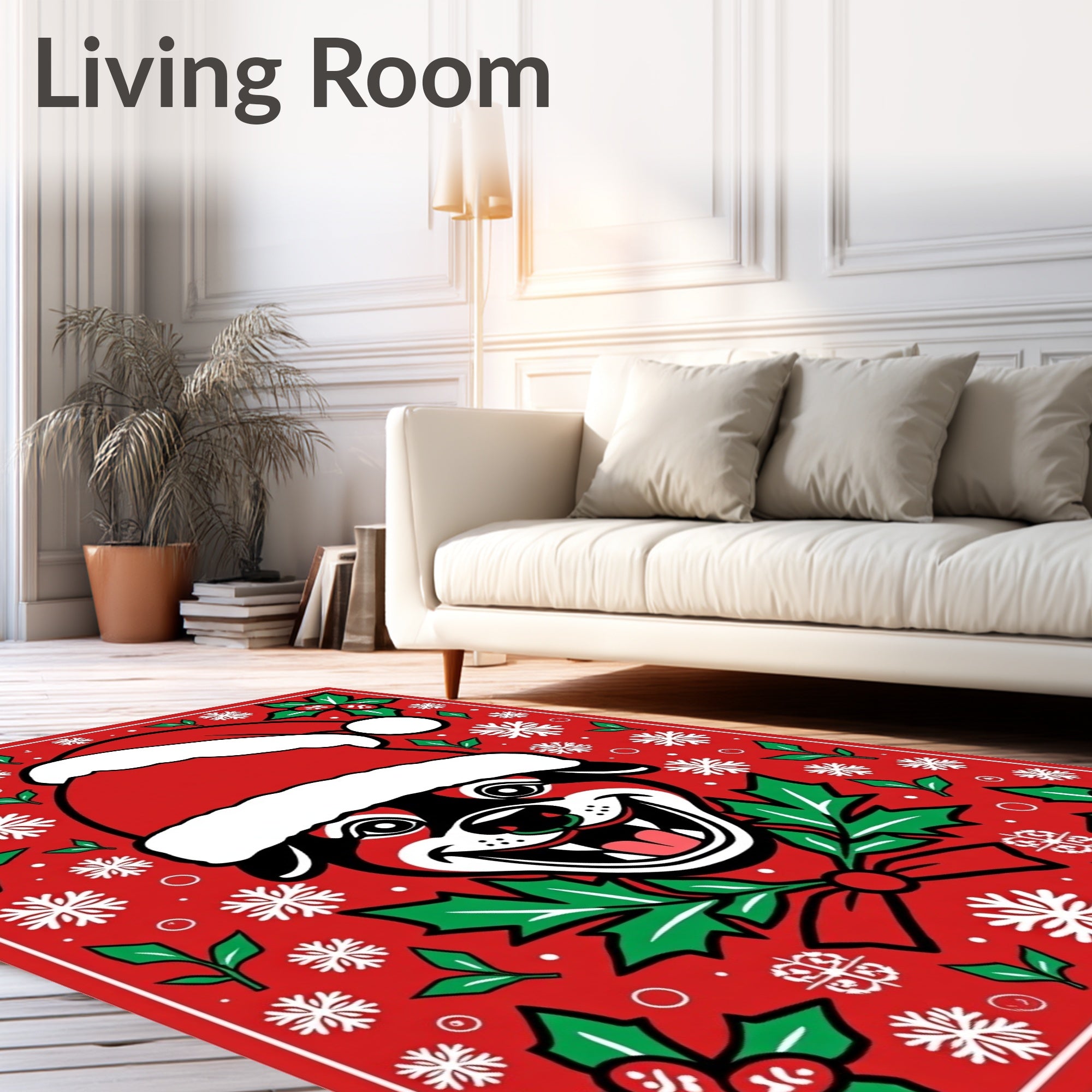 Cheerful Christmas Dog Holly Snowflakes Rug