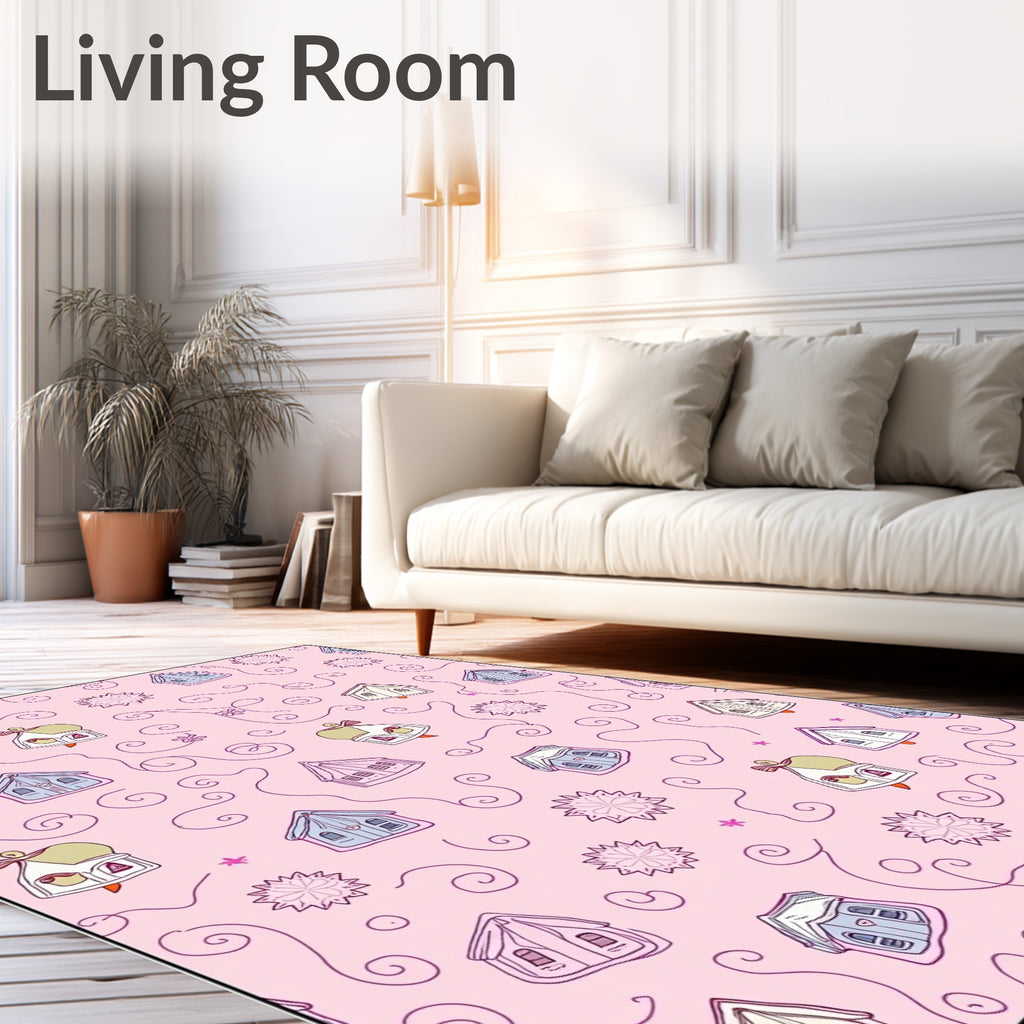Whimsical Pink Houses Swirls Starbursts Rug