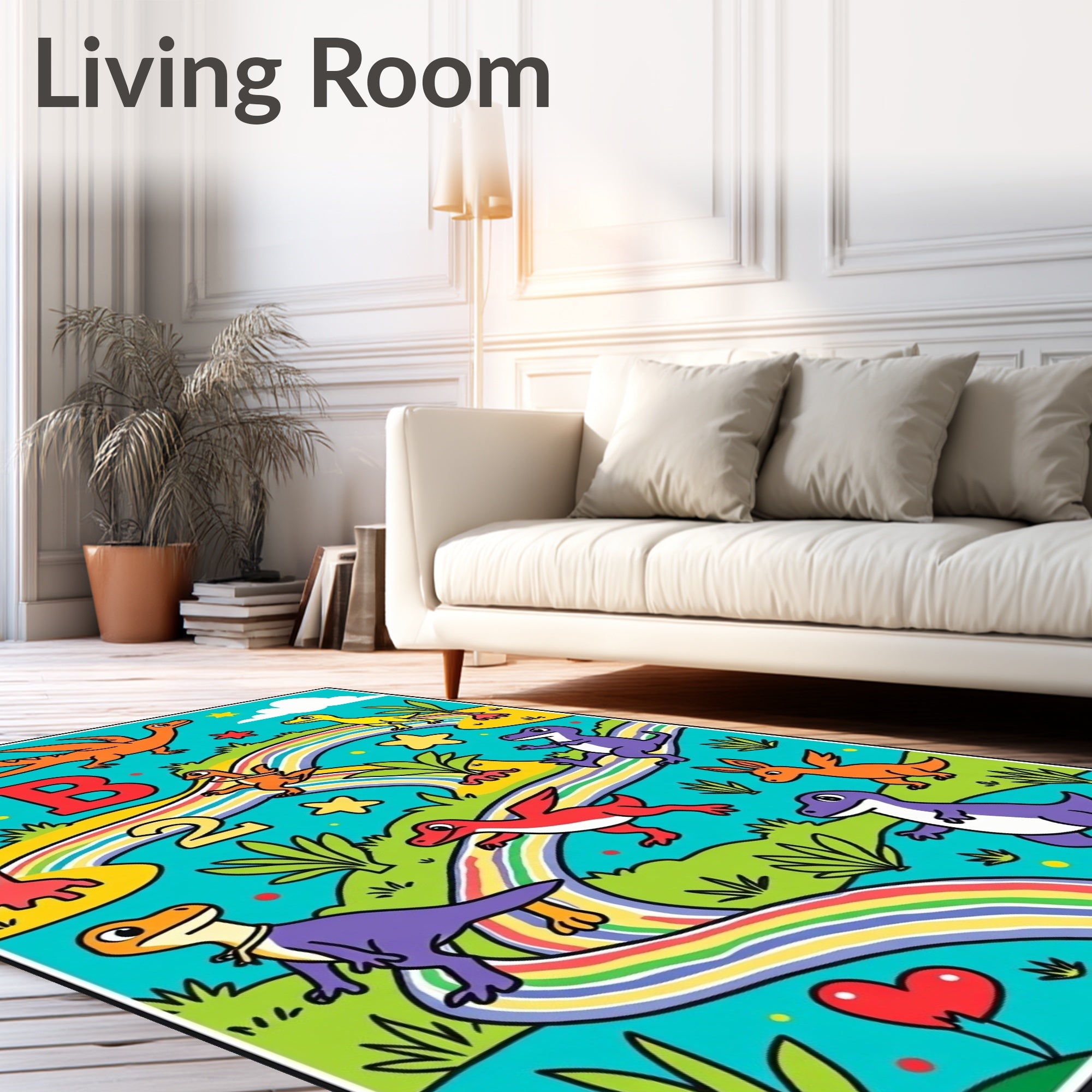 Playful Dinosaur Rainbow Landscape Rug