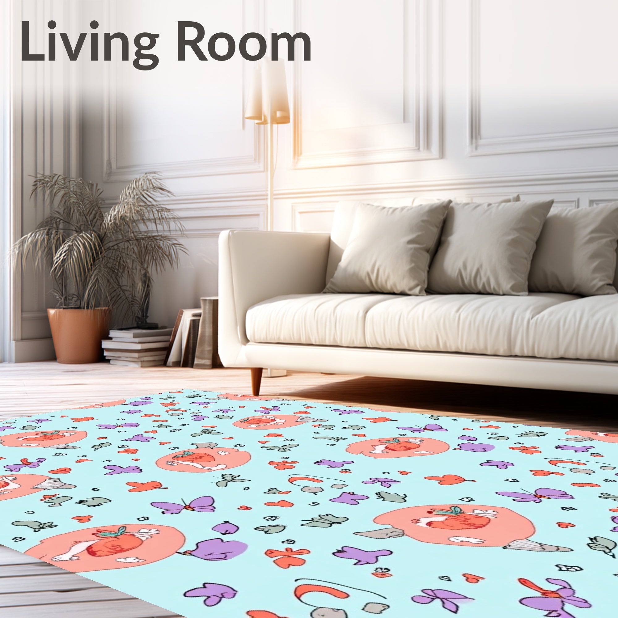 Whimsical Peach Orange Butterflies Hearts Rug