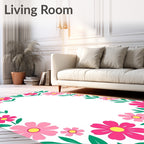 Pink Floral Border with Green Leaves Rug