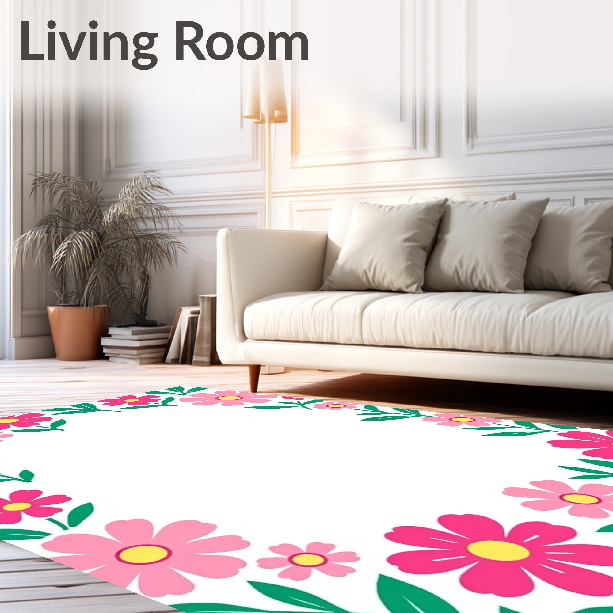 Pink Floral Border with Green Leaves Rug