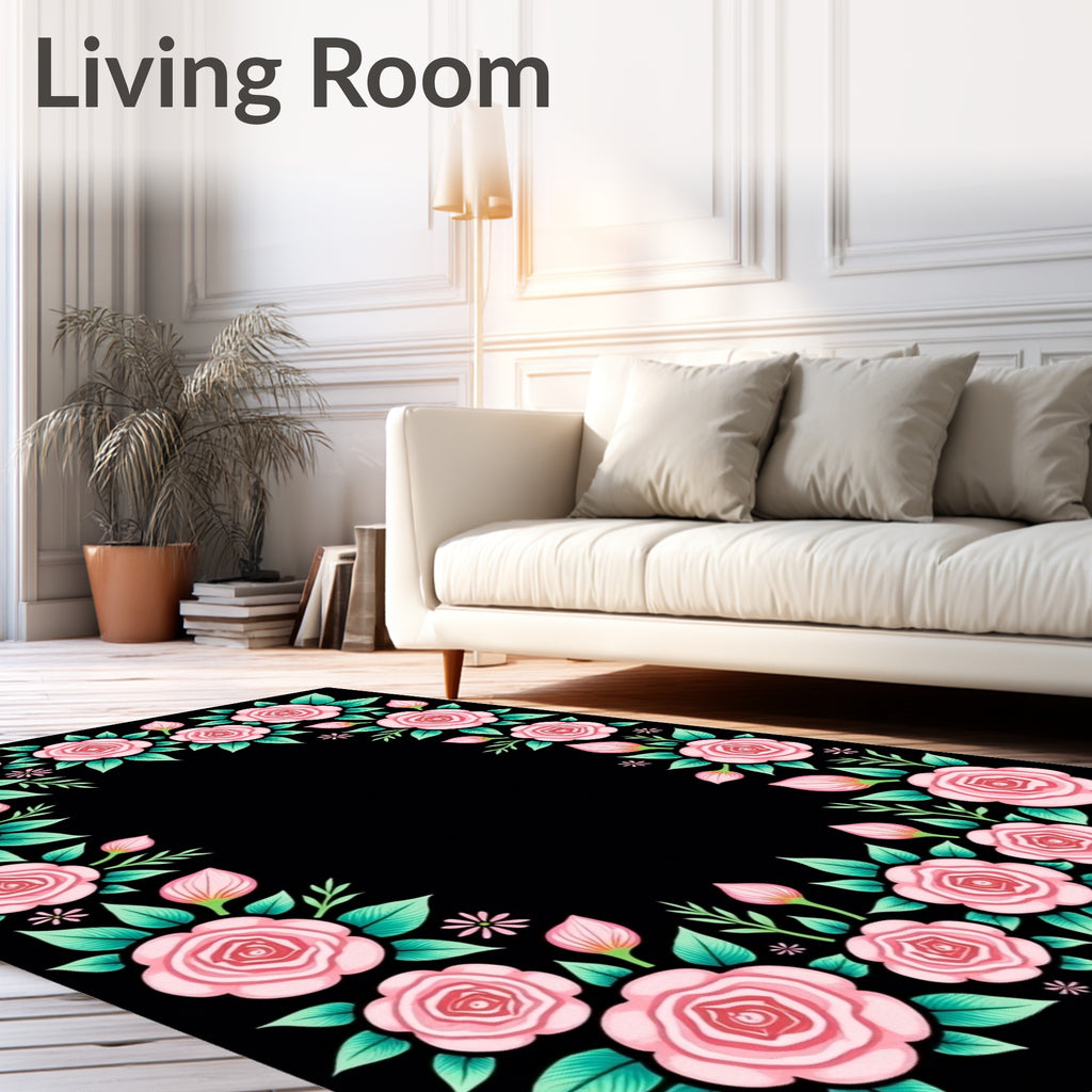 Pink Roses Black Floral Wreath Rug