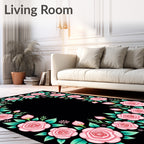 Pink Roses Black Floral Wreath Rug