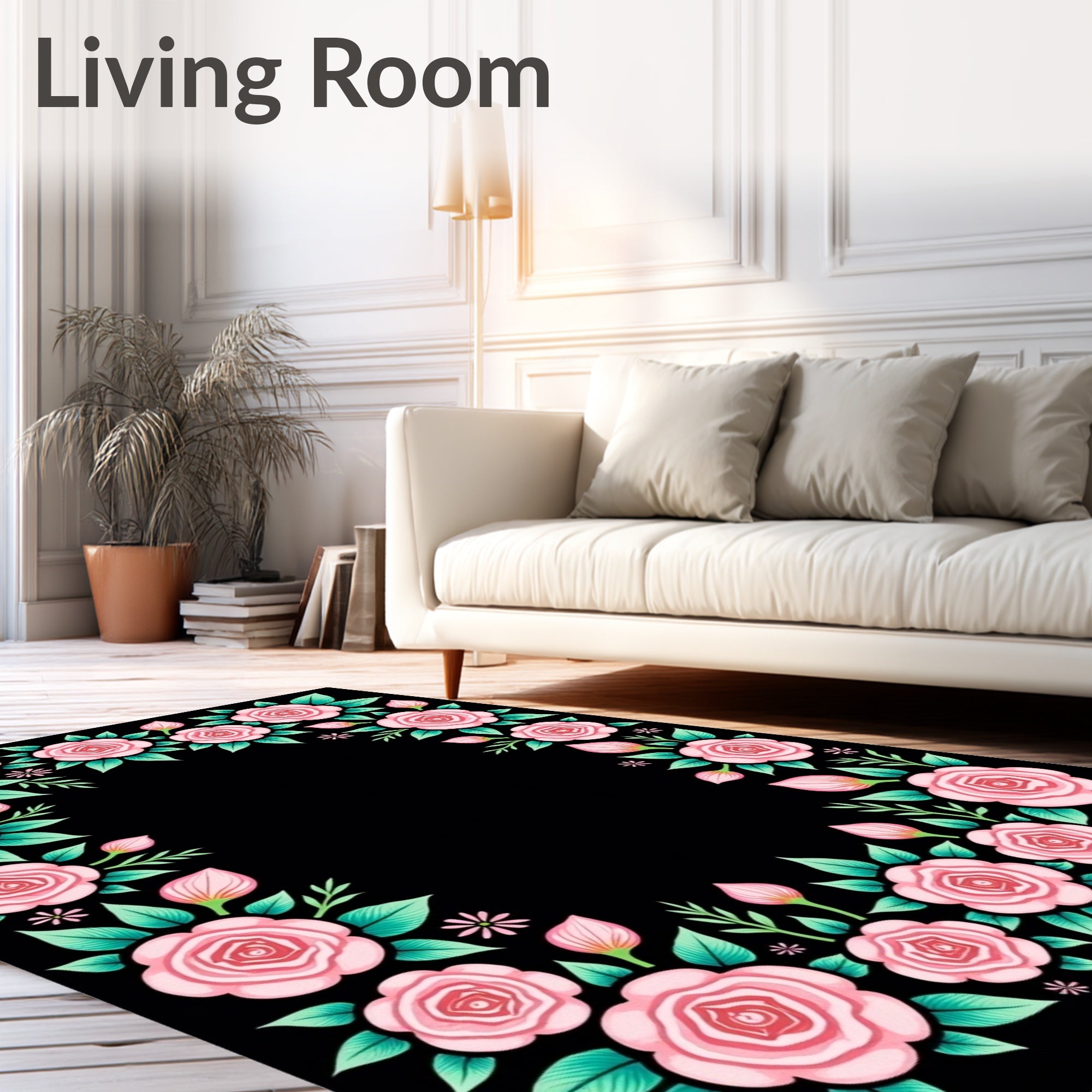 Pink Roses Black Floral Wreath Rug