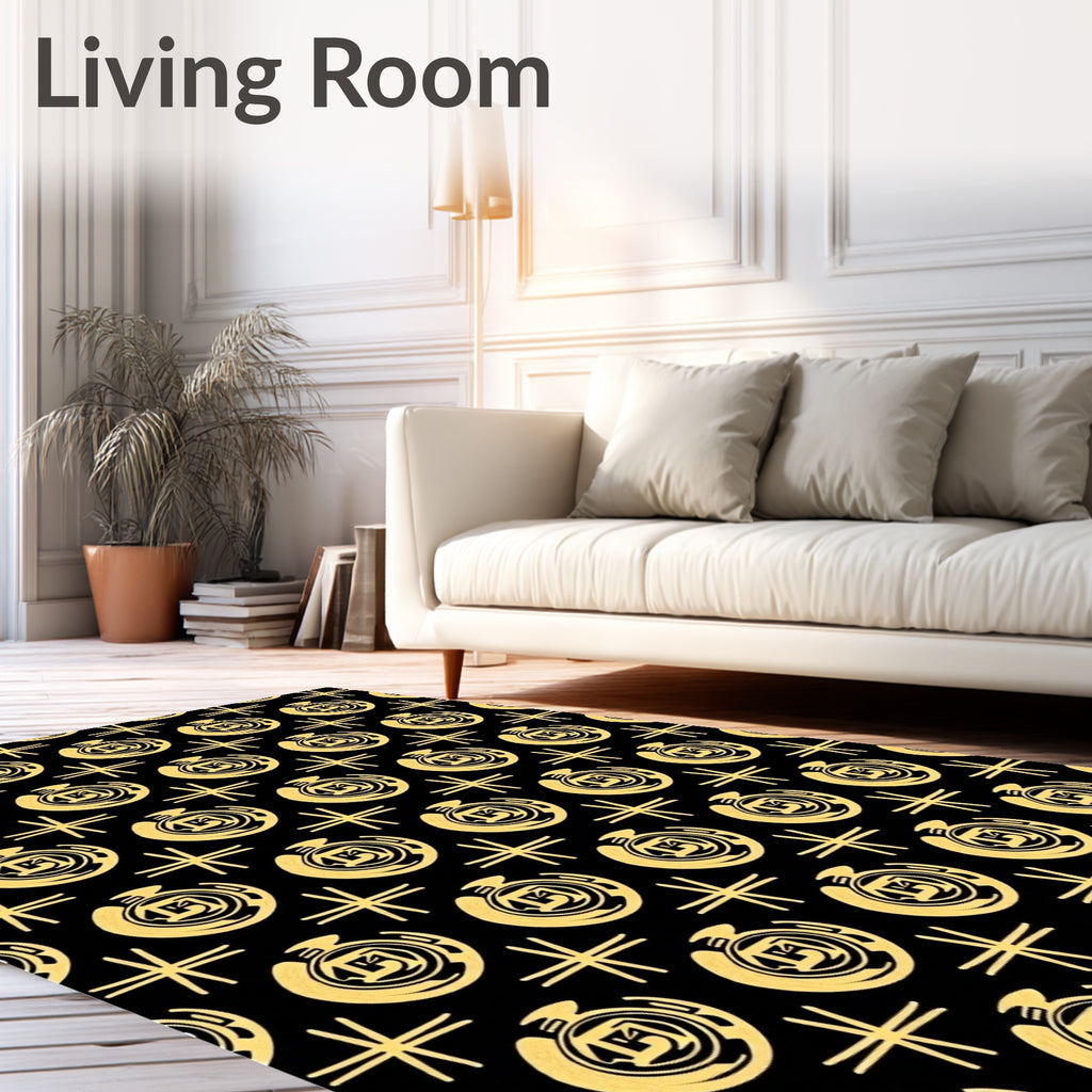 Gold Circular Emblem Black Fabric Rug