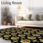 Gold Circular Emblem Black Fabric Rug