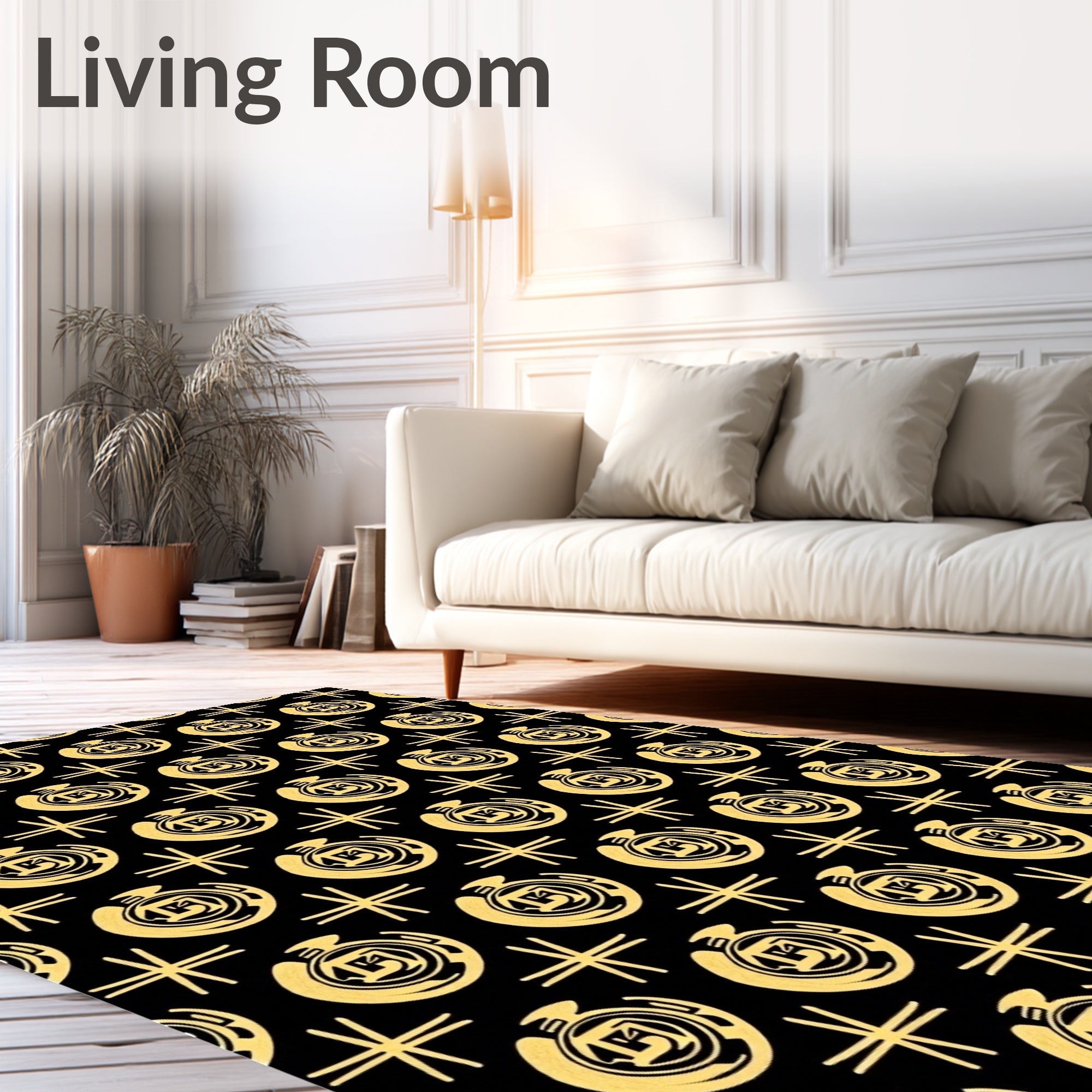Gold Circular Emblem Black Fabric Rug