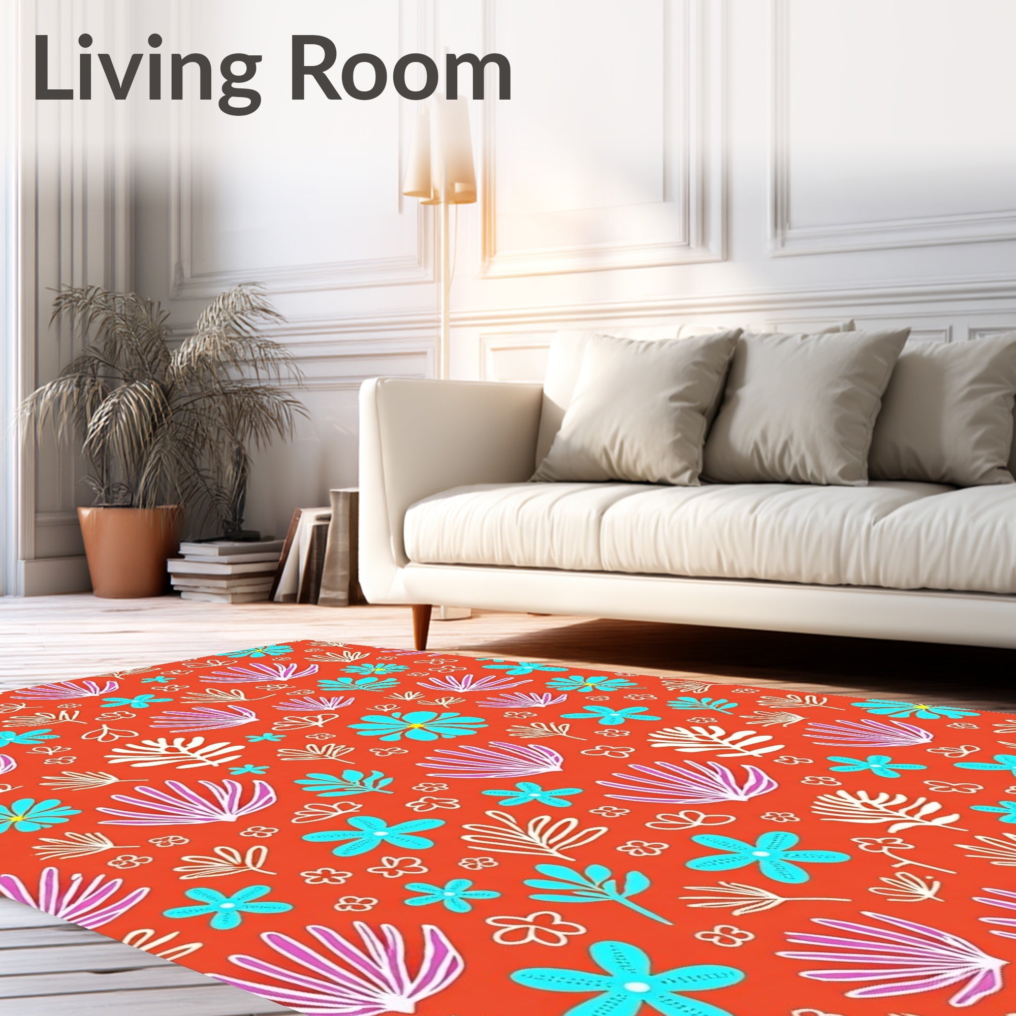 Coral With Turquoise And White Flora Rug